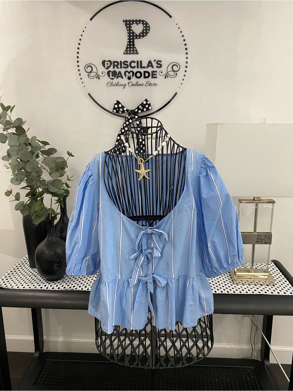 Blue Striped Tie-Front Peasant Top